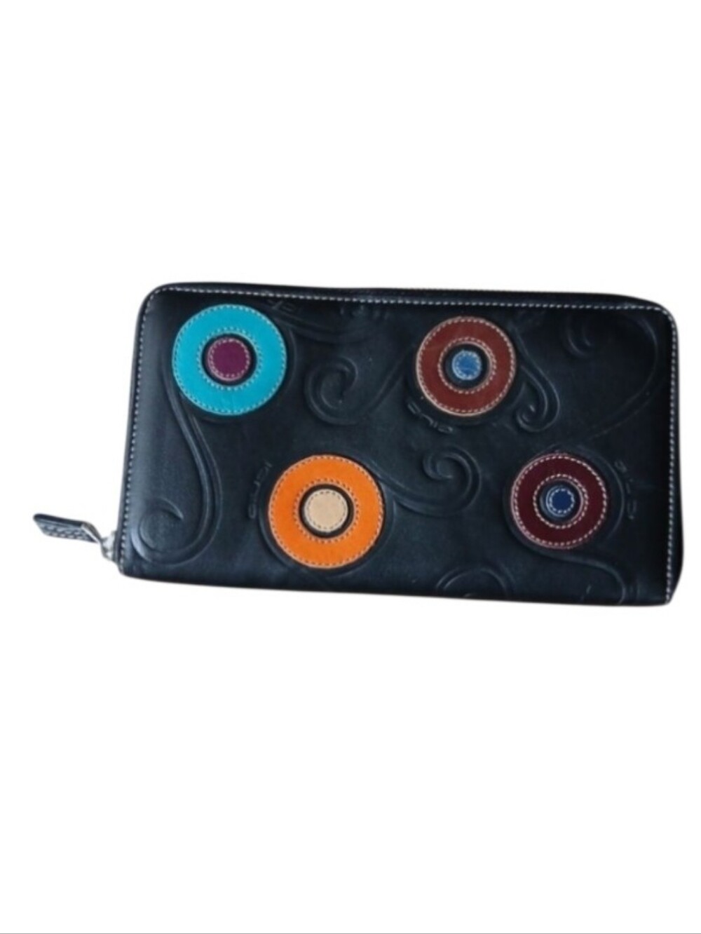 Rare GIUDI Italian Leather Long Wallet - Embossed Swirls & Colorful Accents